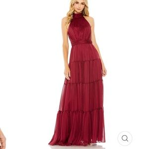Mac Duggal 4 Burgundy Chiffon Tie Neck Tiered Halter Maxi Gown NWT